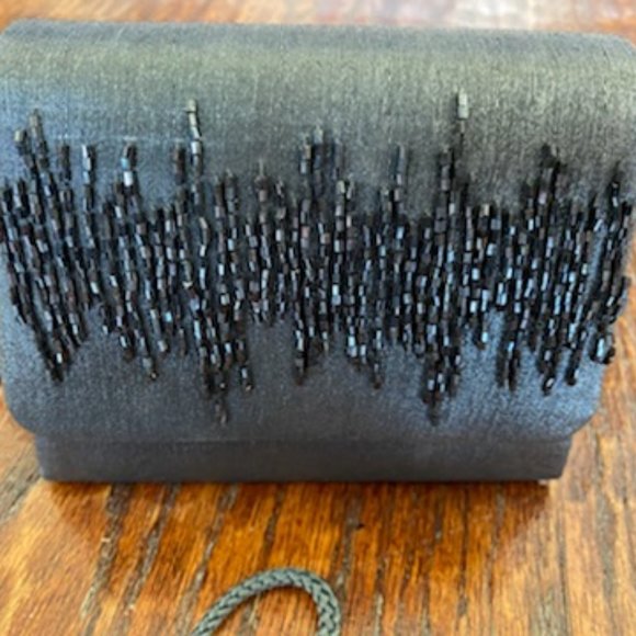 New * GLITTERY Fabric GUNMETAL GRAY Bugle Beads EVENING BAG * Strap (or inside) - Picture 2 of 6